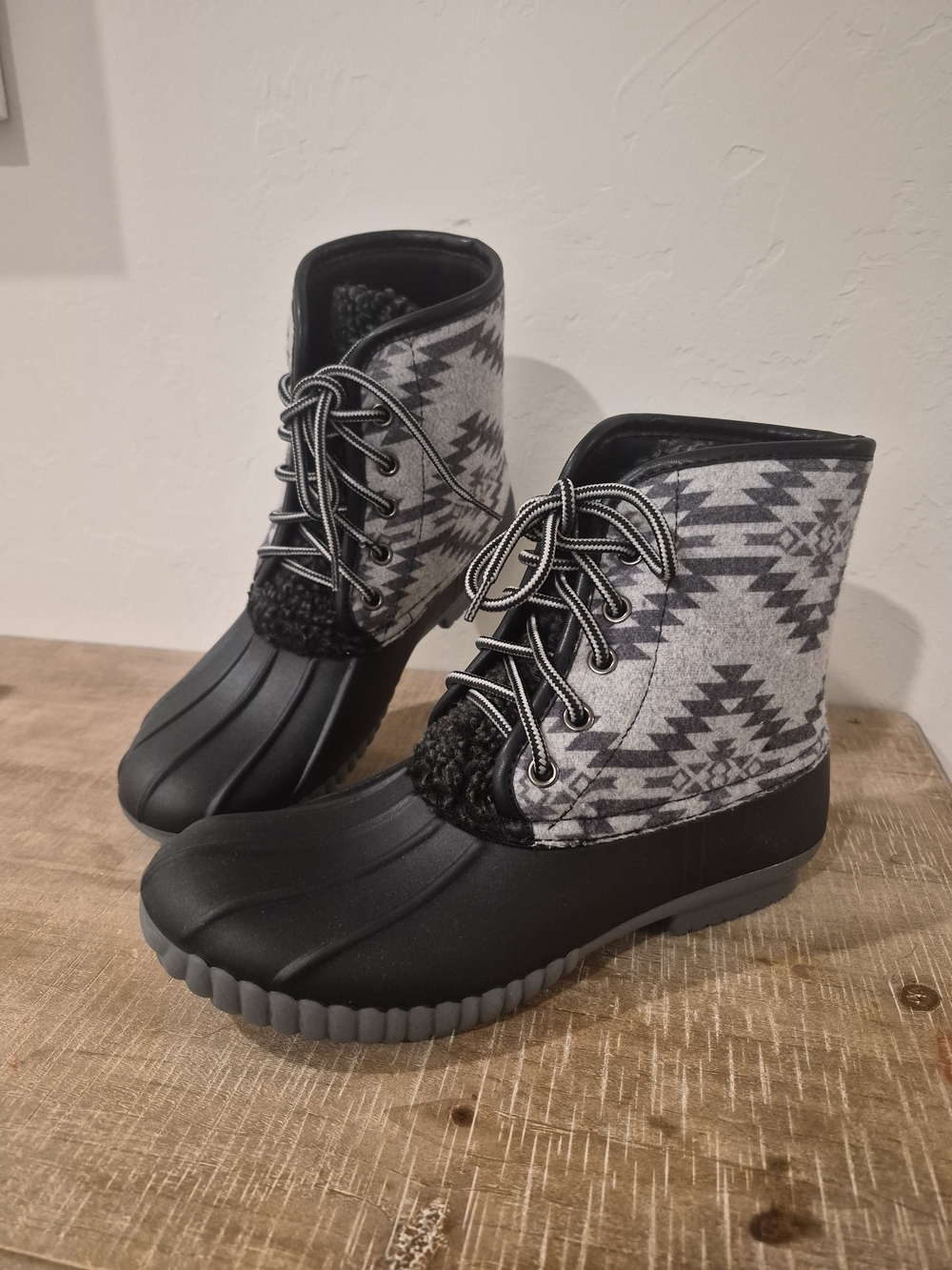 Simply Southern Gray & Black Aztec Duck Boots